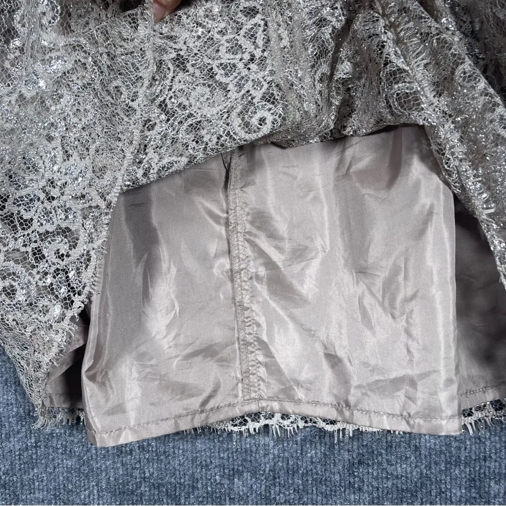 JCrew Womens 8 Tan Silver Metallic Lace Overlay Mini Skirt Party Festive Wedding